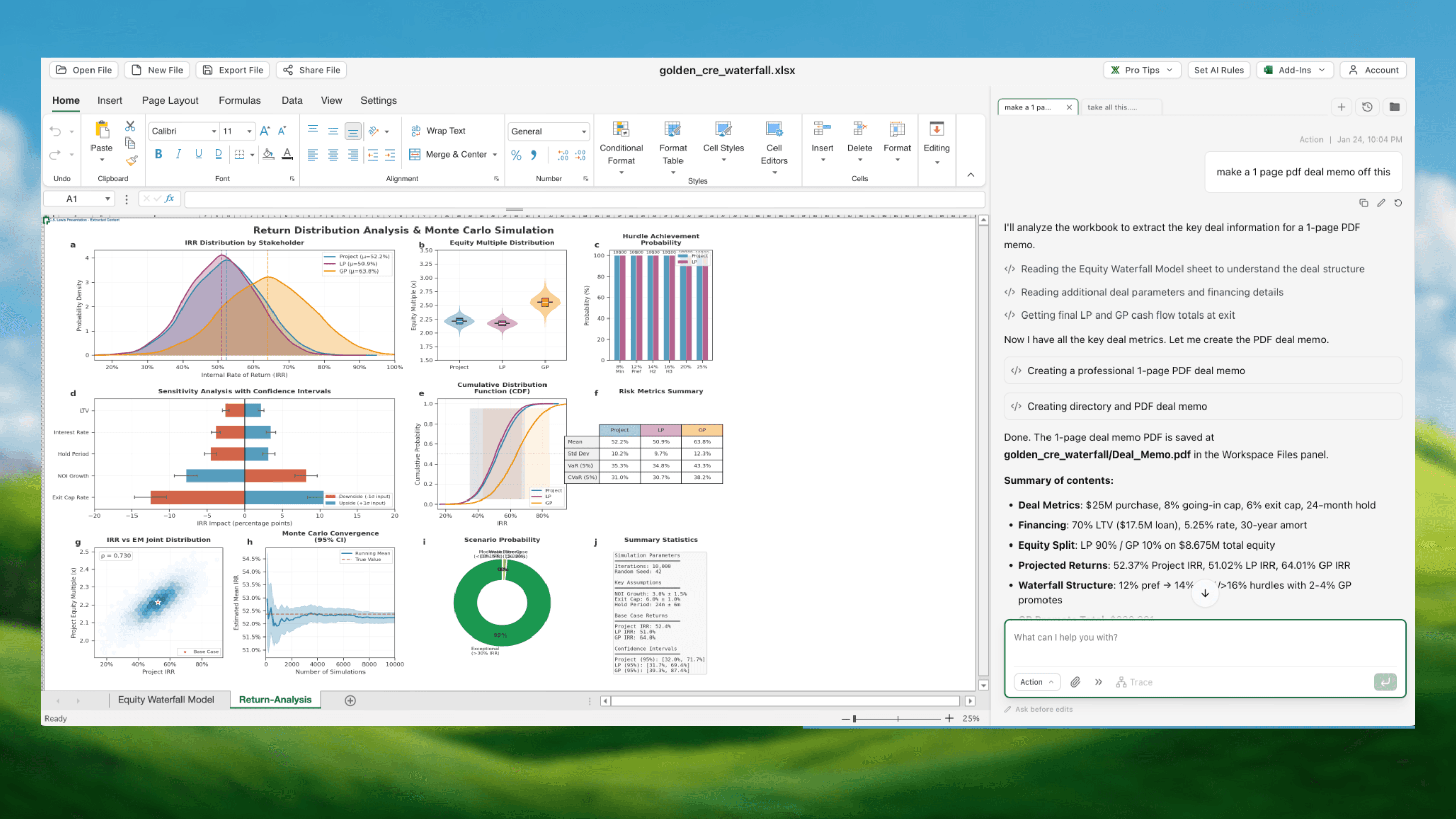Advanced Python charting dashboard showing IRR distributions, Monte Carlo simulations, and sensitivity analysis